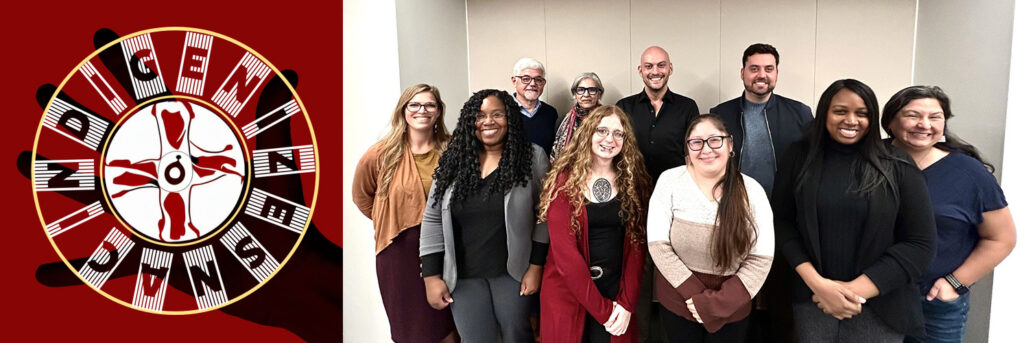 Banner image of the IndigenizeSNAC logo and a group photo from an edit-a-thon event.