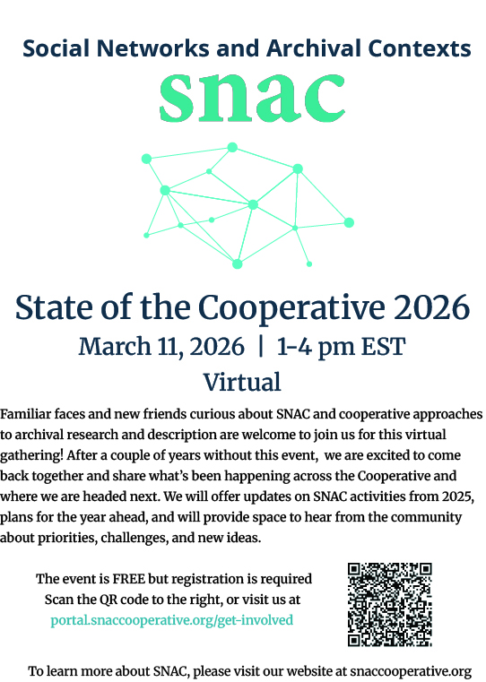 A flyer for SNAC's Spring 2026 State of the Cooperative event on March 11, 2026 1-4 pm EST.